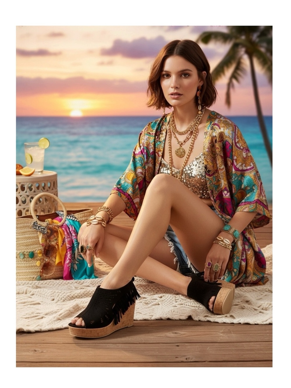 Olivia Miller 𒀭 Fringe Peep Toe Cutout Cork Wedge Sandal 𒀭 Black Microsuede 7.5